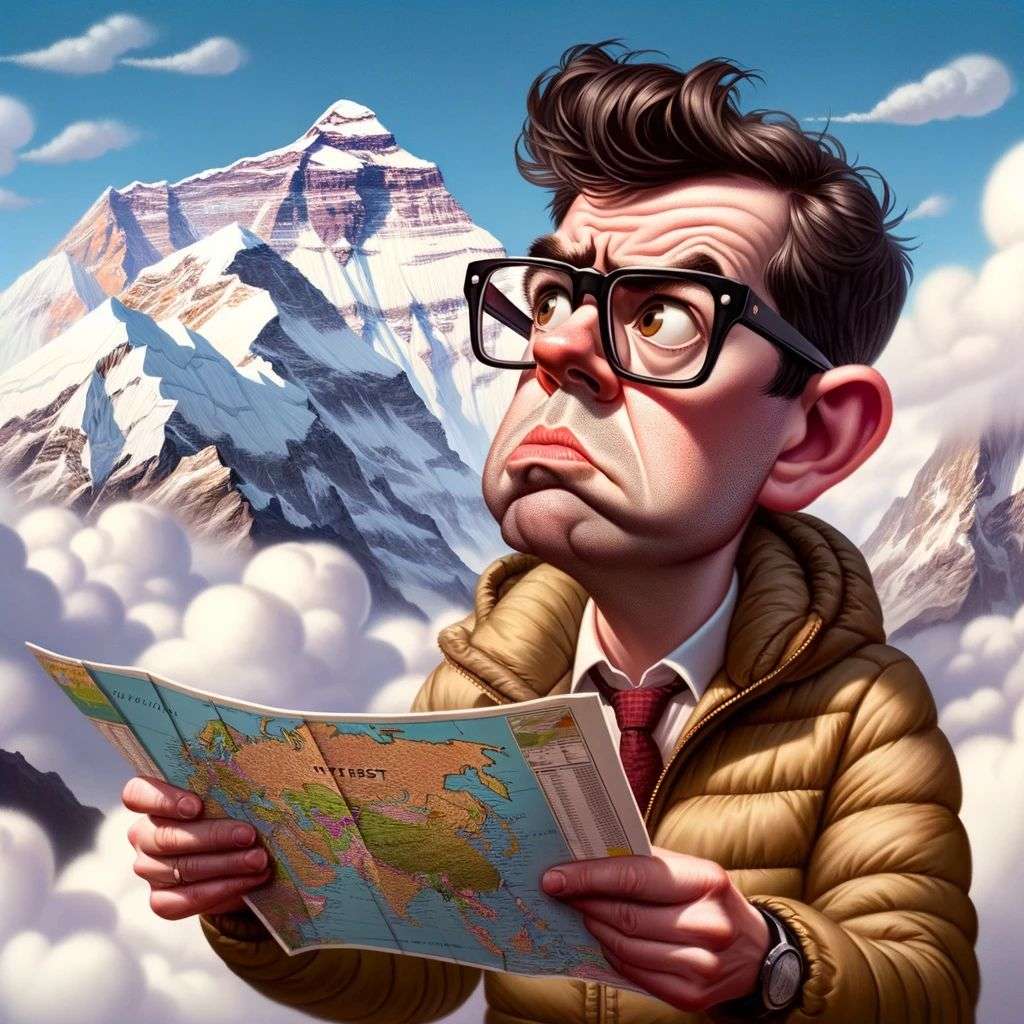 someone gazing at Mount Everest, digital art, caricature